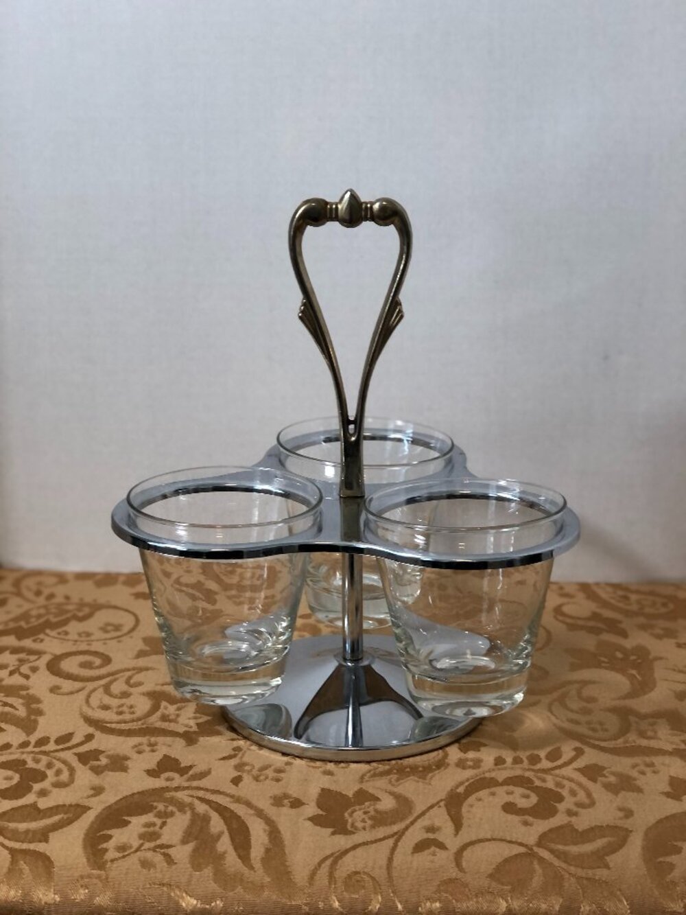 Vintage Solid Brass Three Glass Insert Cups Condiment Caddy
